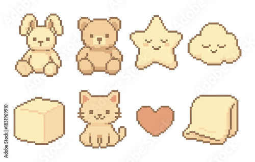 Cute pixel art animals and shapes on textured background
