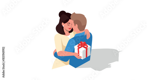 Couple hugging with gift behind back in modern flat art style