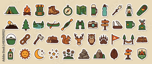 Camping and outdoor exploration icons set: tent, campfire, boots, compass, map, canoe, lantern, camera, wildlife. Vector collection