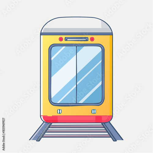 Pixel Art Train Facade Yellow and Red Transport Vehicle on Railway Tracks with Blue Glass Doors and Grey Roof
