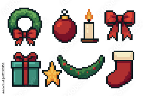 Pixel art christmas icons: wreath, ornament, candle, bow, gift, star, garland, stocking