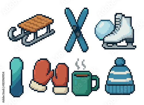 Pixel art winter icons: sled, skis, skates, scarf, mittens, mug, beanie