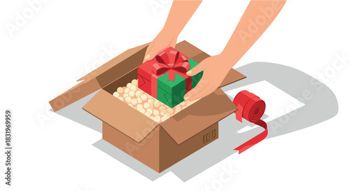 Isometric gift wrapping scene with box and ribbon in holiday setting