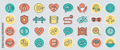Communication and self-care icon set. including listening, support, mindfulness, security, growth, creativity, and more. Vector collection
