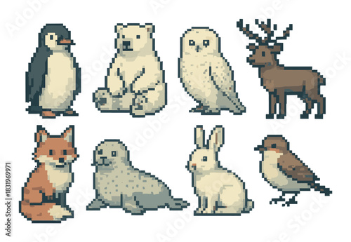 Pixel art animals: penguin, polar bear, owl, deer, fox, seal, rabbit, bird
