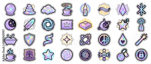 Mystical and zen icons set. containing crystal ball, stones, cloud, tea, candle, zen, feather, planet, peace, and more. Vector collection