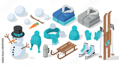 Winter essentials collection in isometric style featuring snowman and cozy accessories