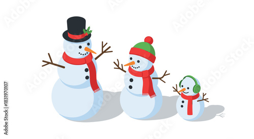 Festive snowmen family in winter attire celebrating the holiday season in charming isometric design