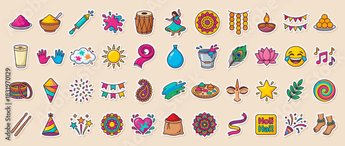 Indian festival icon set. containing holi, diwali, rangoli, sweets, dance, music, lantern, fireworks, pichkari, dhol and more. Vector collection