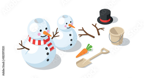 Charming winter fun with snowman and accessories in isometric style