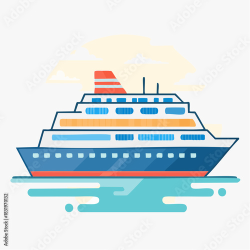 Grand Cruise Ship Sailing Smoothly On Calm Blue Ocean Under A Cloudy Sky With Orange Accents
