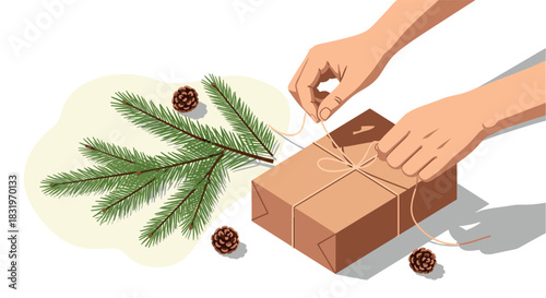 Eco-friendly gift wrapping with pine elements and natural touch