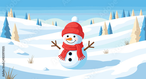 Cheerful snowman in winter landscape with red hat and scarf