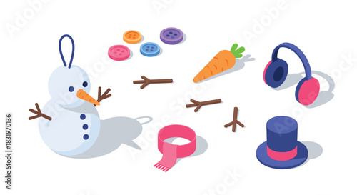 Winter craft elements: isometric snowman kit with accessories and decorations