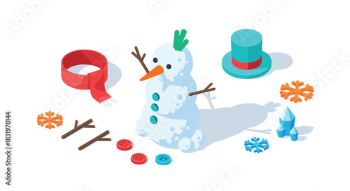 Isometric winter snowman scene with accessories and decorations