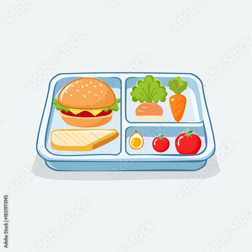 Pixel Art Lunch Tray With Burger Toast Fried Egg Tomatoes Carrots And Salad With Detailed Food Items On A Light Blue Tray With A White Background