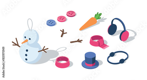 Build a snowman kit with accessories in isometric winter style