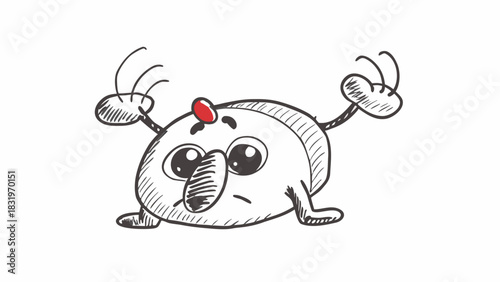 Cartoonish character with big eyes and a red nose in a black and white sketch style design present