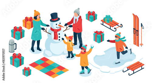 Family building snowman together surrounded by winter fun