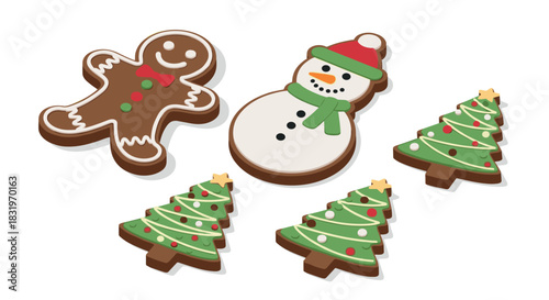 Festive gingerbread and christmas tree cookies with snowman design for holiday celebrations