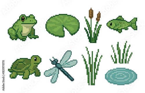 Pixel art: pond life with frog, fish, turtle, and dragonfly