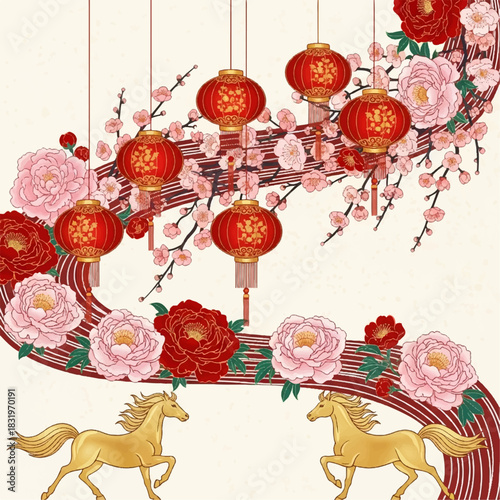 Festive arrangement of lanterns, plum blossoms, and auspicious flowers for Lunar New Year decoration.