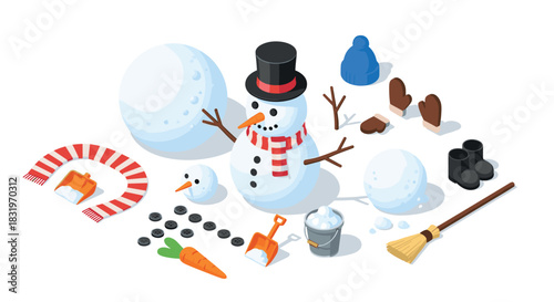 Isometric snowman kit with accessories for winter fun and creativity