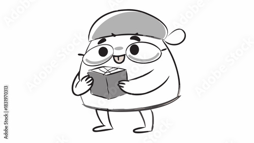 Cartoon character with a beret holding a wrapped gift box with a happy expression and simple line art