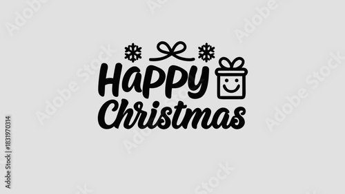 Happy christmas text with snowflakes, ribbon and a smiling gift box in black and white vector design