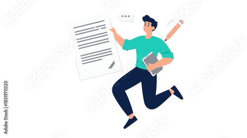 Young man running with a document and tablet