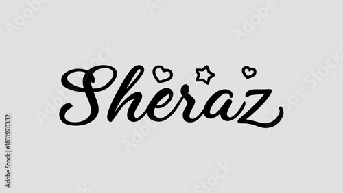 Calligraphic sheraz text with heart and star decorations on a light gray background design element