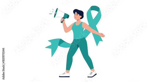 Young person with teal ribbon holding a megaphone