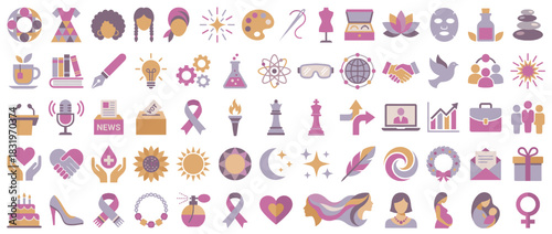 Awareness and well-being icon set. containing ribbon, chess, meditation, science, news, mask, art, heart, gift and more. Vector collection