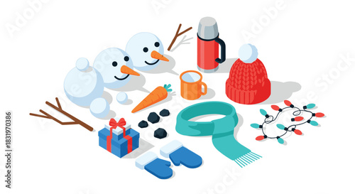 Festive winter elements with snowman, gifts, and cozy accessories