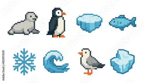 Pixel art animals and ice: penguin, seal, iceberg, fish, snowflake, wave, seagull