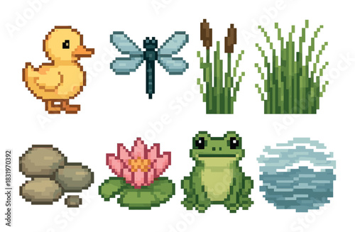 Pixelated pond scene with duck, dragonfly, frog, lily, cattails, and stones