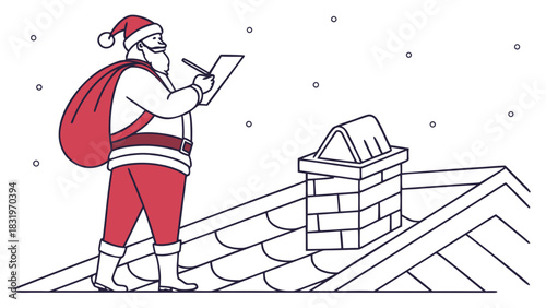 Santa claus on a rooftop checking his list near a chimney with a sack and falling snow around him