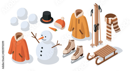 Winter activity icons: snowman, skating, and skiing gear in isometric style