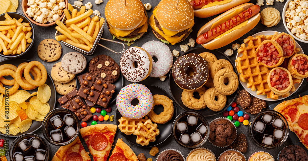 Fototapeta Vibrant assortment of fast food items such as fries, burgers, onion rings, soft drinks, pizza, and sugary desserts arranged in a full, energetic composition that celebrates guilty pleasures.