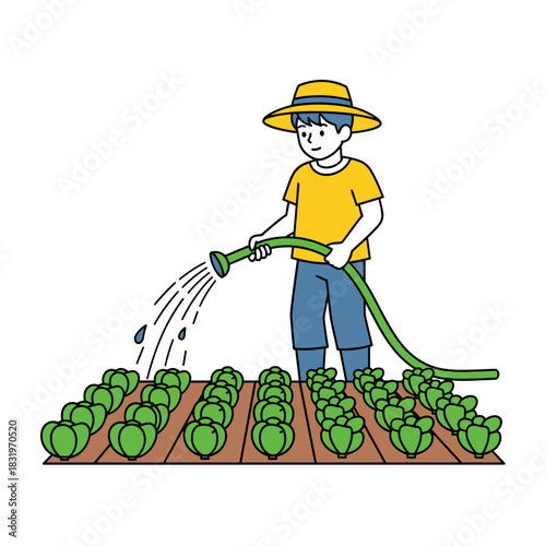 Boy watering plants in vegetable garden, sustainable agriculture and gardening activity
