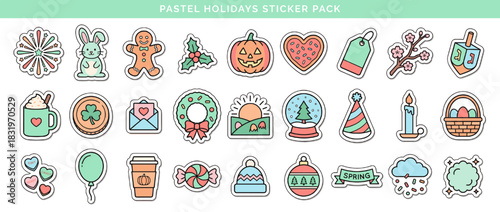 Pastel holiday icon set. containing firework, bunny, gingerbread, pumpkin, candy, tree, candle, basket, and more. Vector collection
