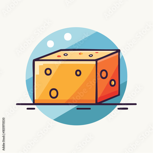 Block of Yellow Cheese with Circular Holes and Red Specks Inside a Blue Ring on a White Background with Shadow Effects