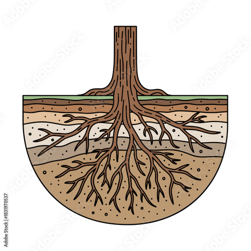 Tree roots in cross-section illustration, plant growth and soil structure understanding