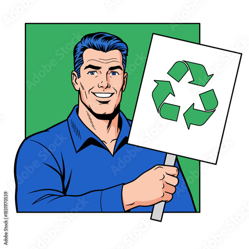 Smiling man holding recycling symbol sign, environmental awareness and sustainability advocacy