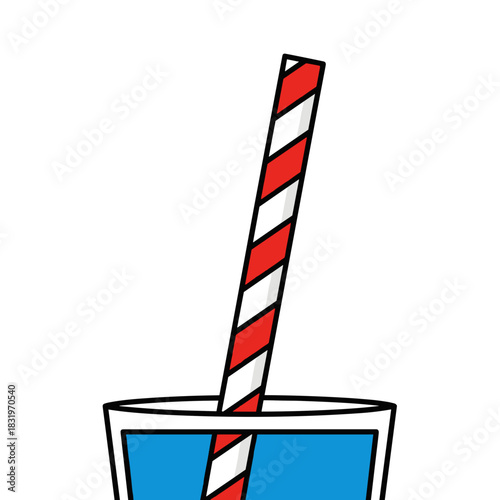 Red and white striped straw in blue soda cup, beverage and refreshment icon