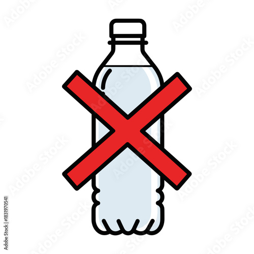 Plastic bottle with prohibition mark, no plastic waste and environmental pollution ban
