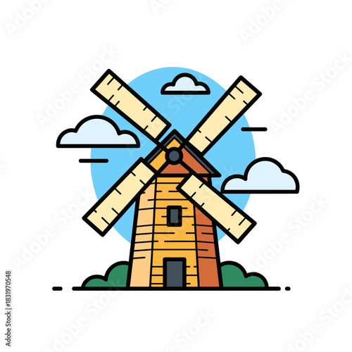 Windmill illustration with clouds and blue sky, renewable energy and sustainable agriculture concept