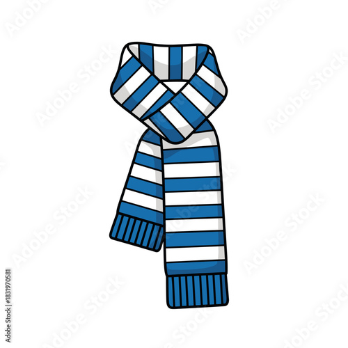 Striped blue and white scarf illustration, winter accessory and fashion design concept