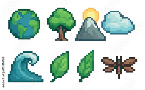 Pixel art nature icons: earth, tree, mountain, cloud, wave, leaves, dragonfly