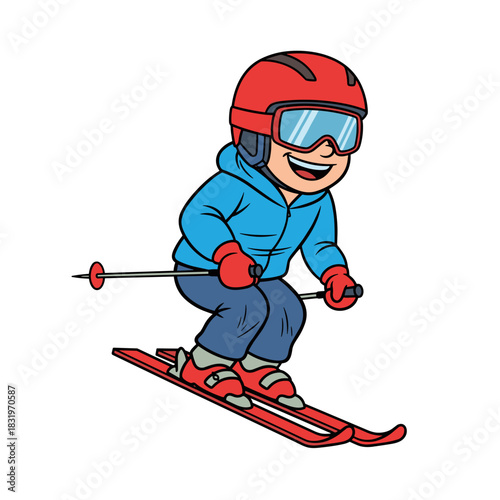 Child skiing downhill with excitement, winter sports and outdoor activity